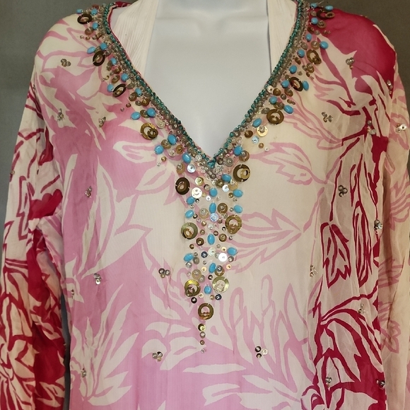 Pink and Red Embellished Long Sleeve Swim Coverup - Picture 3 of 7